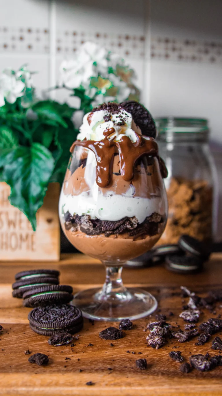 Chocolate milkshake topped with cookies and cream